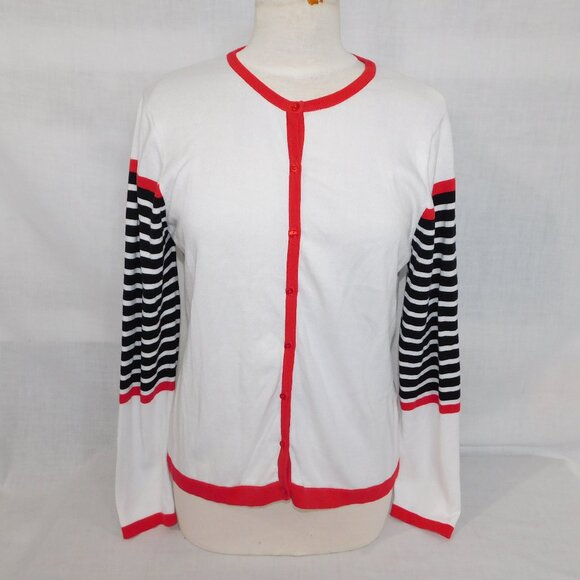 Northern Reflections Women M White Cardigan Sweater Red Navy Blue Striped detail - Picture 1 of 10